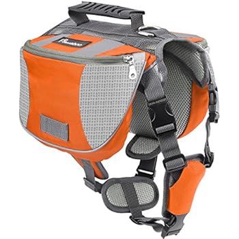 Pawaboo Dog Backpack, Pet Adjustable Saddle Bag Harness Carrier, for Traveling Hiking Camping, Medium Size, Orange & Gray