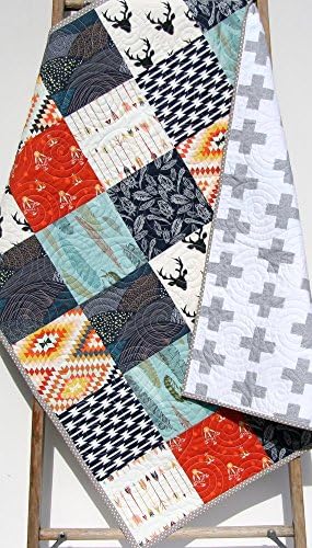 Boy Quilt Modern Baby Bedding Woodland Deer Bears Red Navy Blue Buck Arrows Handmade Crib or Toddler Size