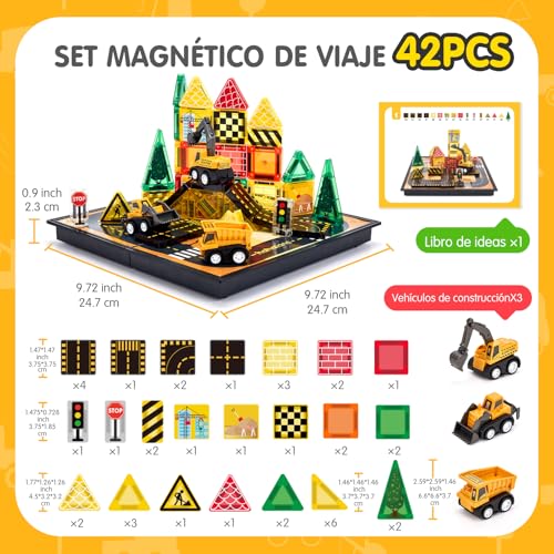 hahaland Construcciones Magnéticos de Viaje para Niños, 42 Piezas Bloques Magneticos Construccion Niños con Caja Portátil, Carreteras y Vehículos, Juego Montessori STEM para Niños 3 4 5 6 Años