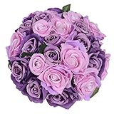 Artiflr Artificial Flowers Rose Bouquet 2 Pack Fake Flowers Silk Plastic Artificial White Roses 18 Heads Bridal Wedding Bouquet for Home Garden Party Wedding Decoration (Purple-Pink)