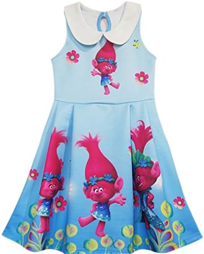 ZHBNN Trolls Doll Little Girls Printed Princess Dress Cartoon Party Dress (Blue,130/7-8Y)