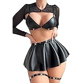 Gulinala Women PU Leather Lingerie Set Sexy Bra Skirt with Thigh Cuffs Club Night Outfits