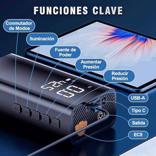 AUTODIAG Arrancador de Batería de Auto 2500A Portátil con Compresor de Aire 150PSI,11000mAh Batería,Jump Starter 12V para Autos Gas 5L/Diésel 2L, Linterna de Emergencia, Clip de Seguridad Inteligente
