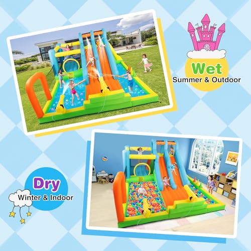 JOYLDIAS Inflatable Water Slide, Giant Water Park Bounce House with 2 Long Slides, Splash Pool,Trampoline, Climbing Wall, Ring Toss Game, 550W Air Blower for Kids Backyard Garden Indoor Outdoor Use