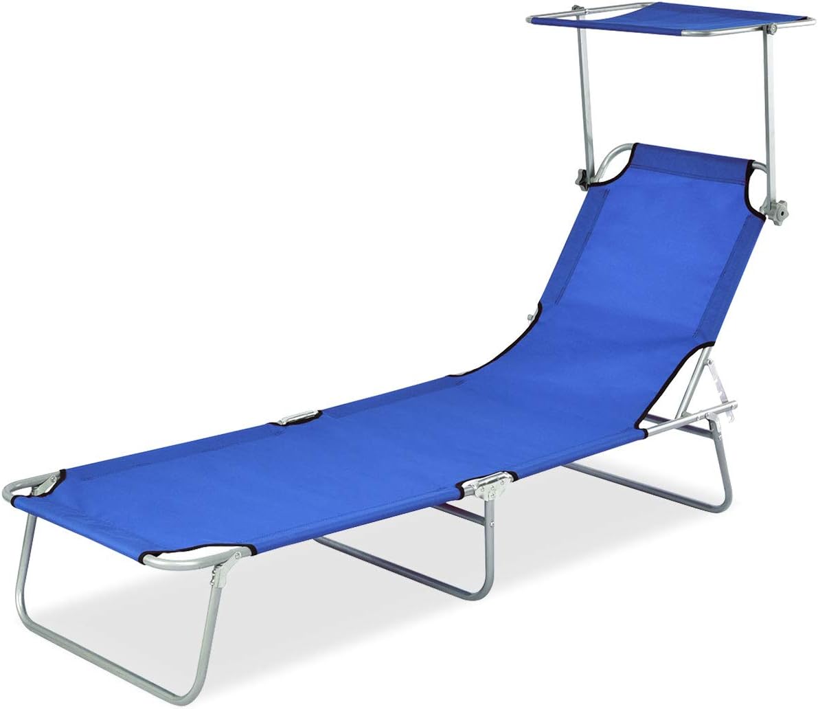 Happygrill Lounge Chaise Chair, Foldable Adjustable 5 Positions Relaxing Chair Recliner with Sun Shade for Garden Beach Patio Pool, Navy