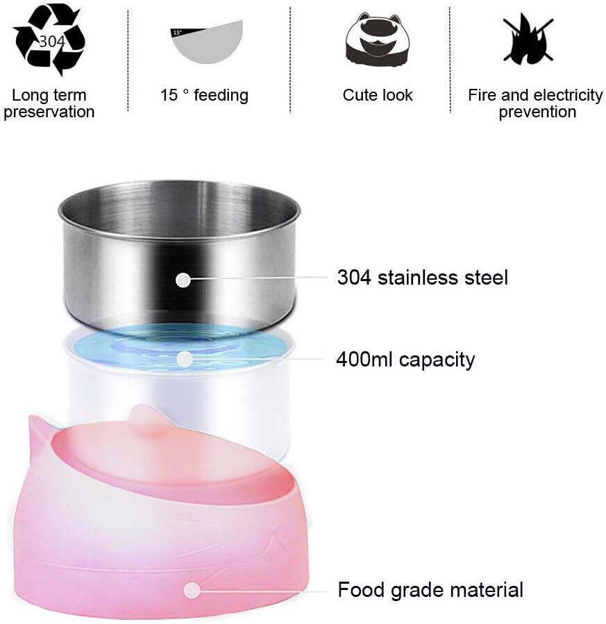 Stainless Steel pet Bowl, cat Bowl and Dog Bowl are Suitable for Cats/Dogs to Feed Food and Water, Long-Lasting Preservation, 15° tilt to Protect The pet's Cervical Spine (Pink, 400ml) : Pet Supplies