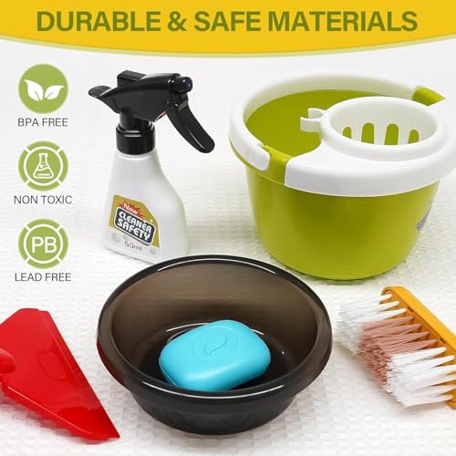 Kids Cleaning Toy Set, 14Pcs Pretend Play Home Cleaning Playset - Incl. 2-in-1 Electric Toy Vacuum, Broom and Dustpan Set, Mop,Duster and More, Sweep Play Toys for Boys Girls (Red)