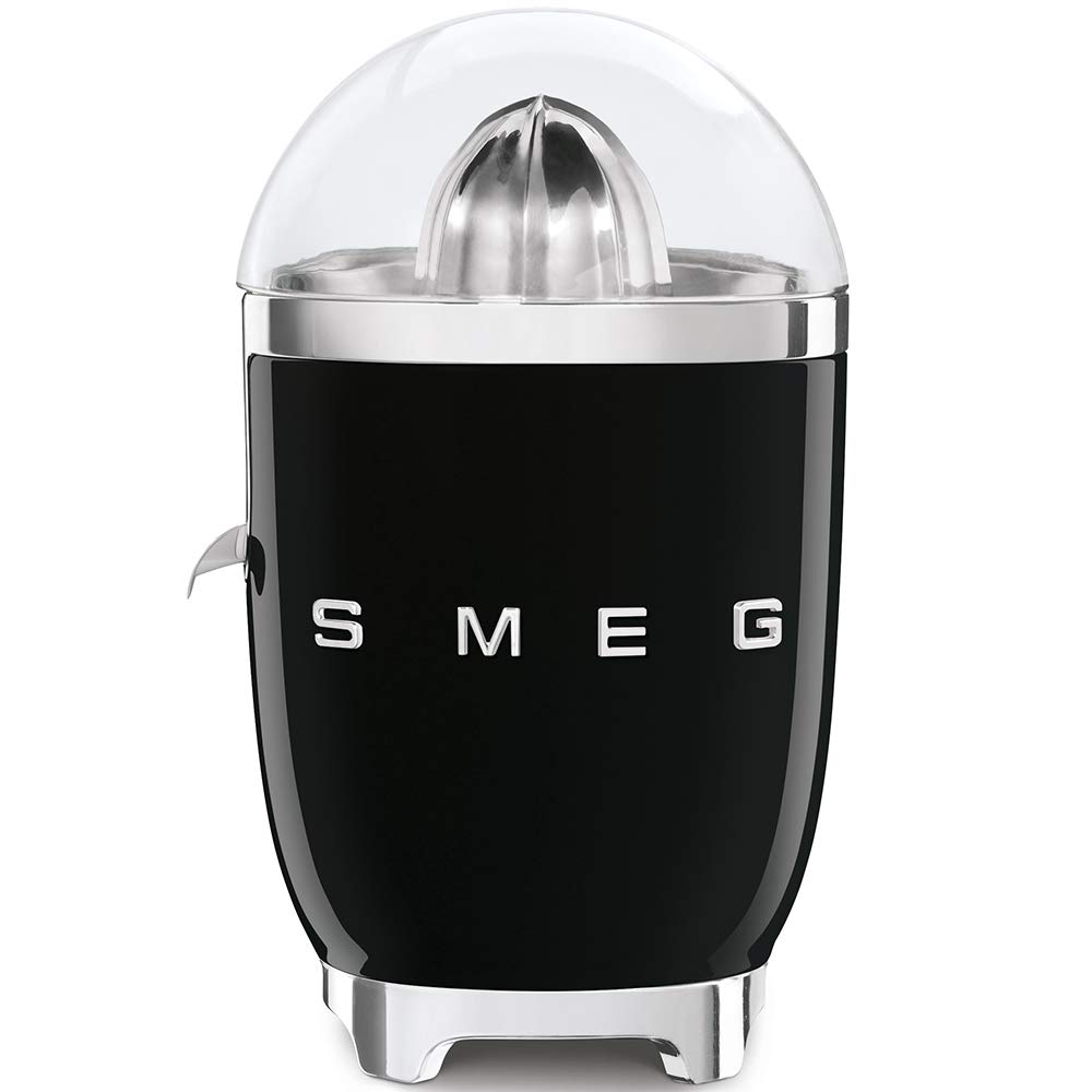 Smeg CJF01BLUK Retro 50's Style Citrus Juicer with Lid, Stainless Steel Reamer and Strainer, Anti-Drip Spout, Black