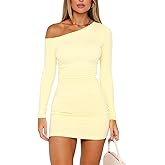 ForeFair Women's Off The Shoulder Long Sleeve Mini Dresses Double Lined Ruched Bodycon Club Party Going Out Outfits