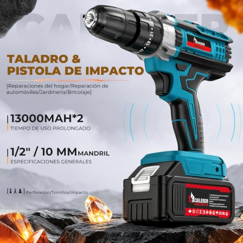 Taladro Inalámbrico y Pistola de Impacto, Kit Profesional de Herramientas Eléctricas 2 en 1, 750 N.M, Ajuste de Par de 25+3, Motor Sin Escobillas, para ReparacióN de AutomóViles y Muebles, Perforación