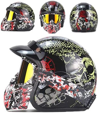 LEENY Retro Jet Helmet Motorcycle Open-Face 3/4 Crash Helmet with Vintage Mask Removable Sun Visor, Pirate Skull Jet-Helmet Cruiser Scooter Electric Moto Moped Motorbike Helmet