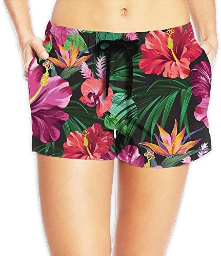 Pantgua1 Hawai Flowers Print Women Color Fashion Quick Dry Beach Board Shorts Pants Pocket