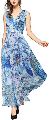 EvelynNY Womens Floral Peacock Evening Casual Split Loose Prom Party Maxi Dress, Blue, M