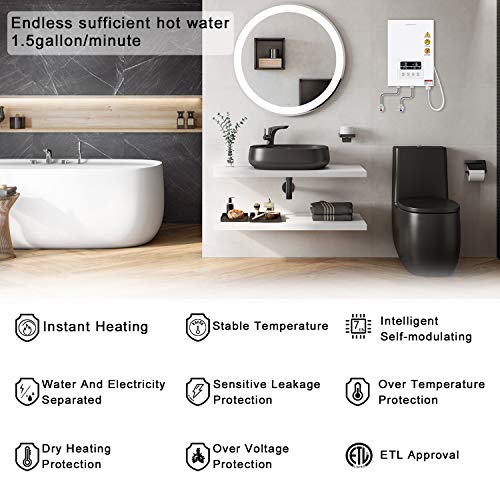 Tankless Water Heater Electric ECOTOUCH 9KW 240V On Demand Water Heater Self-Modulating Instant Hot Water Heater ECO90 White