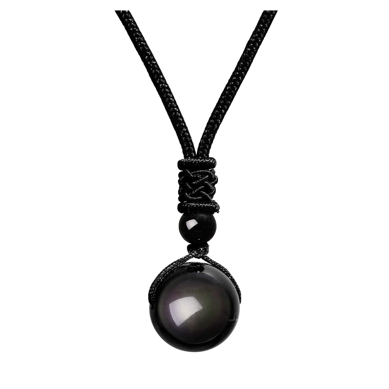 Jovivi Mens 16mm Natural Black Obsidian Rainbow Eyes Stone Lucky Blessing Beads Pendant Necklace with Adjustable Braided Rope Cord For Men Jewellery Gifts