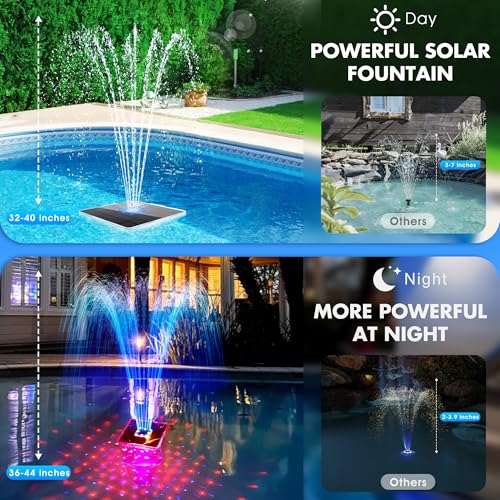 LanBlu Fuente Solar con Espectáculo de Luces, 24 * 24CM Fuente Flotante para Piscina con Ancla, 7 Modo de Iluminación Fuente Solar Jardin Exterior, Flotante Fuente Solar para Estanque Piscina Jardin