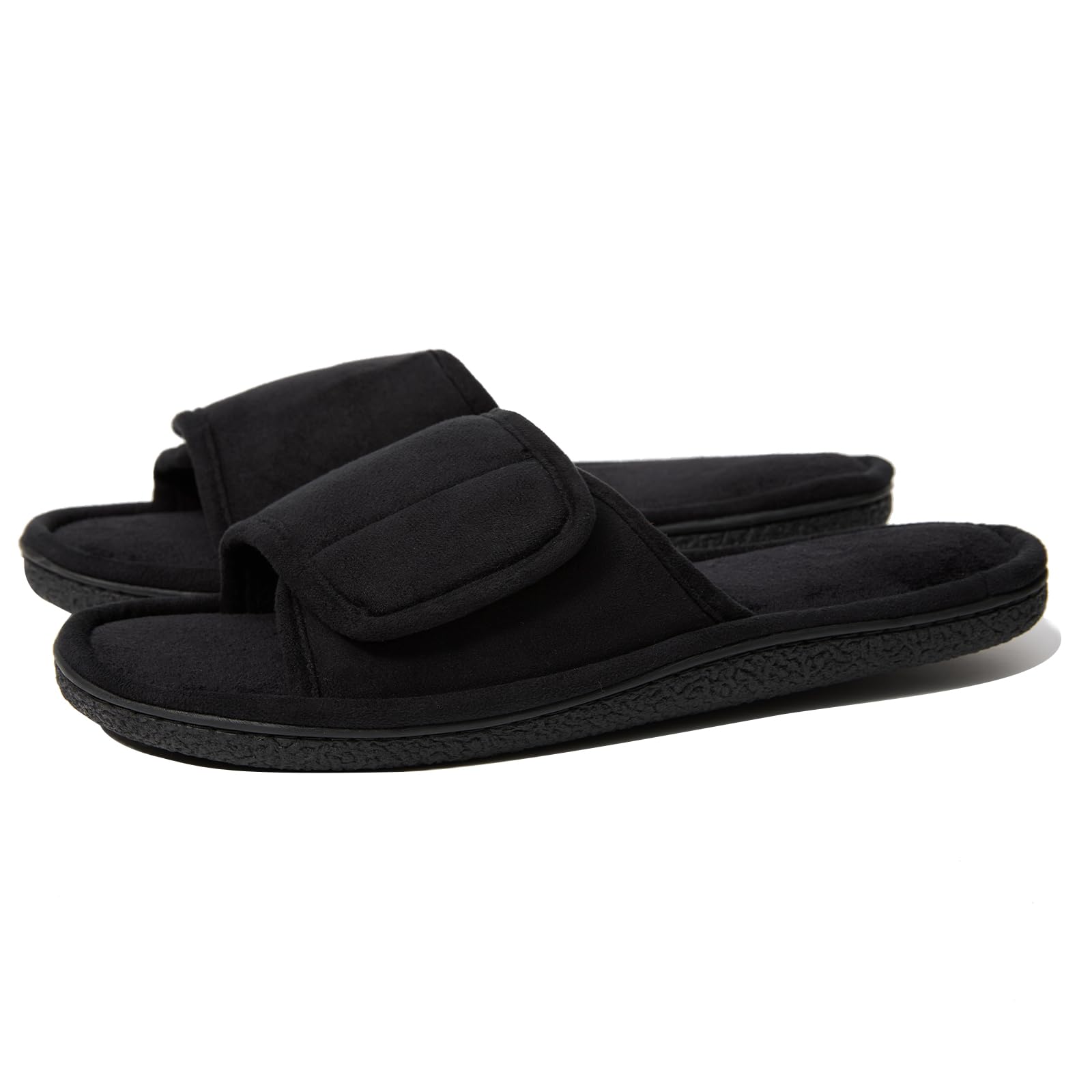 Photo 1 of L.CNTOYK Men's Adjustable Slippers Memory Foam Slip on Breathable House Slipper Open Toe Cozy House Shoes, Comfort Anti-Skid Sole Classy Indoor Outdoor Slide Black US9-10