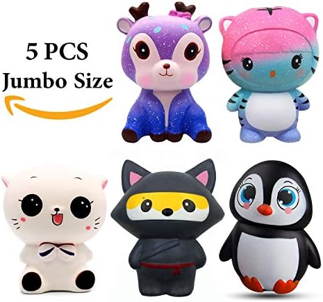 Tiger Shape Squeeze Toys, 5 PCS Animals Jumbo Squishes Slow Rising Tiger, Galaxy Deer, Penguin, Ninja Fox Cat Decoration squishies Kawaii Stress Relief Toys