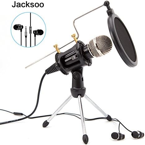 Jacksoo Home Studio Condenser Microphone with Earphone/Earbuds Microphone Stand for Iphone Android PC Recording,Live,Podcasting,Mini Desktop MIC Stand dual-layer acoustic popfilter(Black)