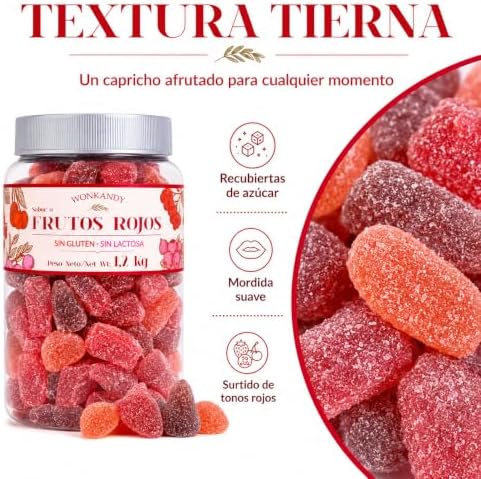 Gominolas Frutos Rojos 1,2 kg Bote Grande. Surtido de Caramelos de Goma Fresa Uva Cereza, Chuches Blandas Sin Gluten y Sin Lactosa, Ideal para Fiestas Cumpleaños Candy Bar.