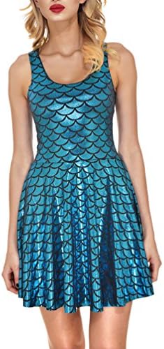 AISKLY Womens Mermaid Dress Plus Sleeveless Shiny Short Tank Pleated Party Print Skater Dresses