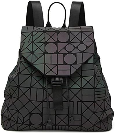 Women's Fashion Geometric Plaid Laser Backpack Glossy PU Leather Travel Daypack Drawstring Backpack (Luminous Geometric)