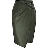Kate Kasin Women's Faux Leather High Waist Wrap Knit Bodycon Midi Skirt for Business Casual Pencil Skirt