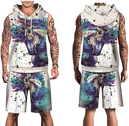 JJCat Men's 3D Digital Print Fitness Colorful Horse Head Hair Hooded Sleeveless Sports Sets (S,White)