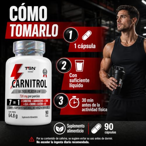 CARNITROL | PreEntreno 7 en 1 para Energía y Enfoque – 220 mg Cafeína por cápsula más L-Carnitina, ZMA, CLA, Picolinato de Cromo, B1 y D-TOX plus | TSN Testrol