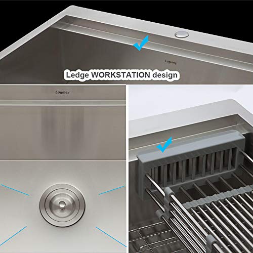 Logmey 30 Inch Drop -in Topmount Sink Ledge Workstation Single Bowl 18 Gauge Stainless Steel Kitchen Sink - Thumbnail 3