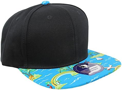 Tropical Hawaiian Palm Print Cap Snapback Flat Bill Adjustable (Black Aqua Flamingo)