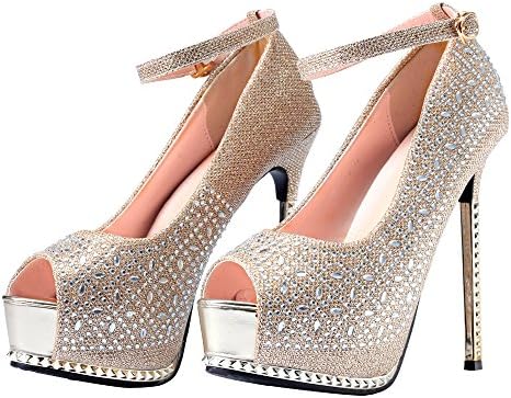 CHEERDRESS Platform Pumps Shoes Women Stilettos Wedding Evening Party Sexy High Heels (8, Gold-Back Strap)