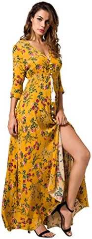 Liamluna Women's Floral Print Button Up Split Party Flowy Maxi Dress Yellow M