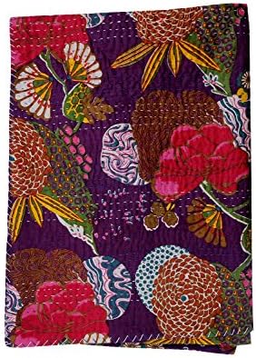 Indian queen Gudri Handmade Quilt Vintage Tropican fruit print Kantha spread Throw Cotton Blanket