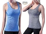 YAKER Women's Active Fitness Workout Soft Stretch Racerback Yoga Tank Top Shirt (L Fit for 34D/36B/36C/36D/38A/38B/40A, Blue/Grey 2Pack)