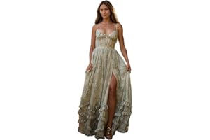 seezom Floral Printed Chiffon Prom Dress with Silt Spaghetti Straps Ball Gown Ruffle Hem Long Formal Evening Party Dress