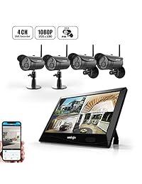 UNIOJO Sistema de cámara de seguridad inalámbrica (4 unidades), sistema de vigilancia de cámara de vigilancia para interiores y exteriores, DVR, 4 canales, 2 megapíxeles, CCTV, kit con pantalla táctil LCD de 10,1 pulgadas, 2,4 GHz, resistente al agua