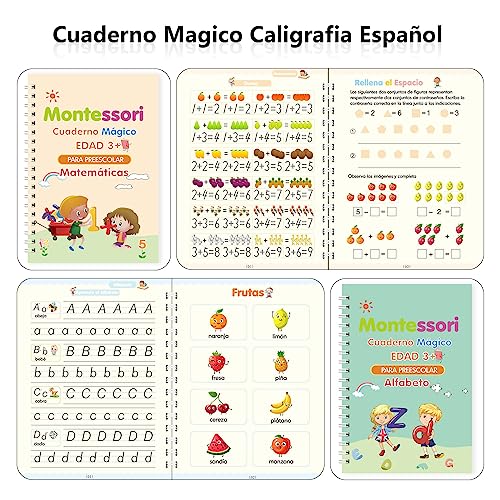 Larcenciel Reusable Spanish Calligraphy Notebooks, 4 Books + 1 Pen + 5 Refills, Magic Book for Learning to Write Reading from Children 3 4 5 Years (13 × 19cm)
