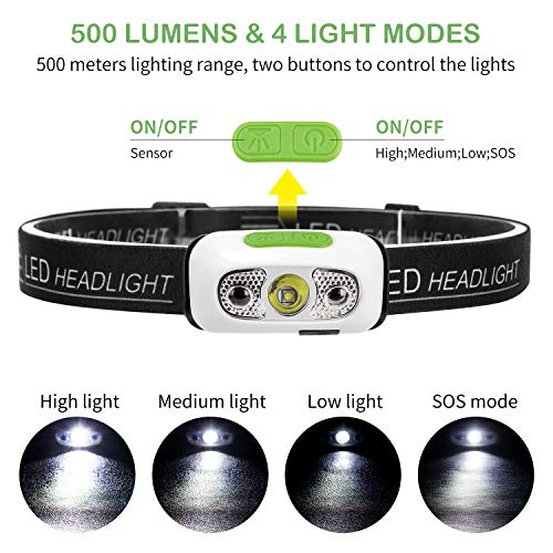HIMETSUYA Headlamp Flashlight, Led Headlamps Rechargeable Headlight [2 Pack] 500 Lumen IPX6 Waterproof With Motion Sensor Mode, for Outdoor, Camping, Running, Hiking -Built-in Battery(2 Pack)