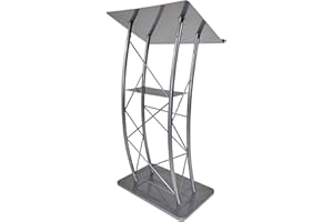 Kingdom KML2S Large Curved Lectern with Shelf, Stand Up Church Pulpit, Slanted Lectern, Conference Podium for Speakers, Speeches, and Other Occasions- Truss Lectern, Silver Powder Coat Finish, Metal