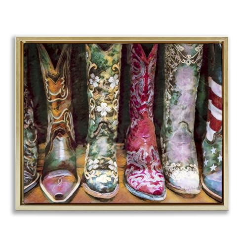 Stupell Industries 'Cowboy Boots Various Bold Designs', Floating Frame Canvas A…