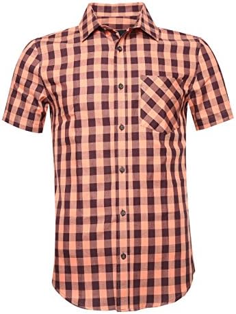 Deborri Men Plaid Cotton Casual Short Sleeve Button Down Dress Shirts OrangeXL