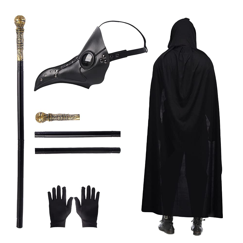 Lifreer Plague Doctors Mask Long Nose Bird Beak Steampunk Mask Halloween Mask Gothic Retro Leather Bird Mask with Hooded Cloak, Gloves, Cane for Halloween Party Cosplay Masquerade (Style-A), Black