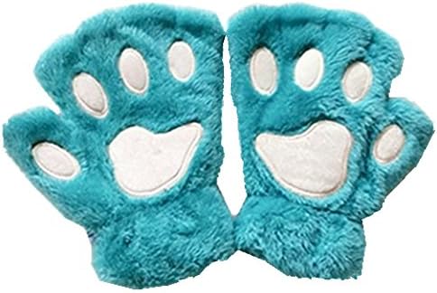 Cute Cat Bear Paw Fingerless Faux Fur Plush Gloves for Women by Einfachheit (lake blue)