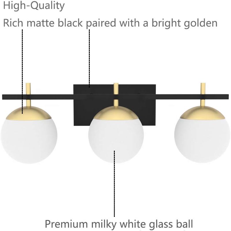 Ralbay Mid Century Modern Bathroom Vanity Lights 3-Light Milky Glass Modern Bathroom Vanity Lights Over Mirror, Black/Golden Wall Light Fixture for Bathroom (Exclude Bulb) - - 