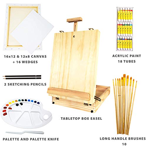 MILO 51 pc Complete Artist Painting Set with Tabletop Wood Easel Box, Stretched Canvas, 18 Acrylic Paint Colors, 10 pc Art Brush Set, and Painting Kit Accessories for Adults and Kids