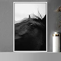 Framed Canvas Wall Art High Contrast Horse Animals Black and White Duotone Expressive Grey Horse Living Room Photography Rustic - 16x24 inches