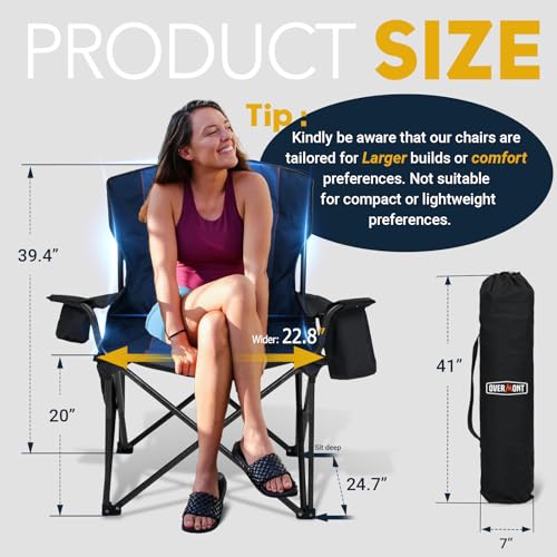 OVERMONT Oversized Camping Chair for Adults - Comfortable and Portable with Insulated Pocket and Carry Bag - Heavy Duty Folding Chair 204kg for Beach, Garden, Picnic and Camping, 2pcs