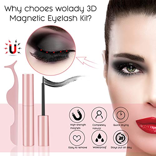 Magnetic Eyelashes with Magnetic Eyeliner, Wolady 2 Pair 3D Natural Look False Eyelashes, Waterproof No Glue Reusable 5 Magnet Fake Lashes with Applicator Tweezers - Thumbnail 3