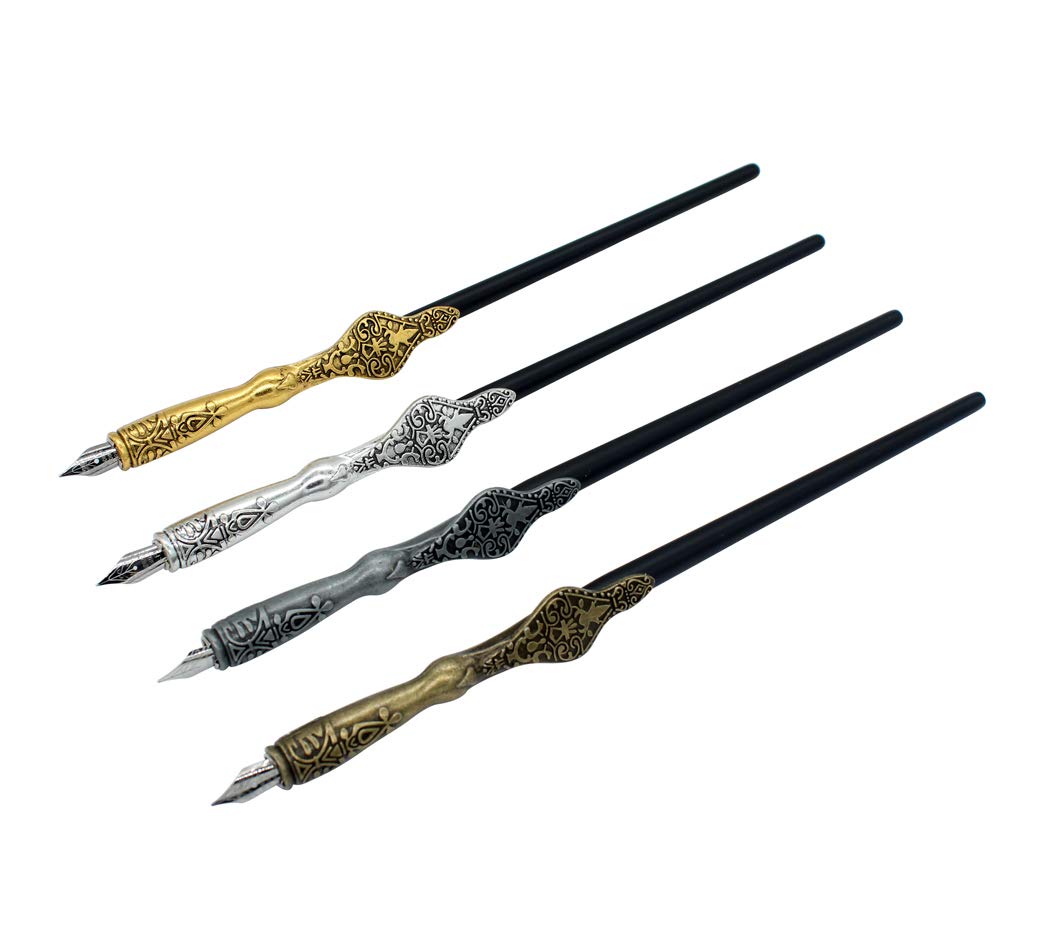 Hillento Metal Carved Craft Script Antique Dip Pen Oblique Calligraphy Pen Holder, Set of 4